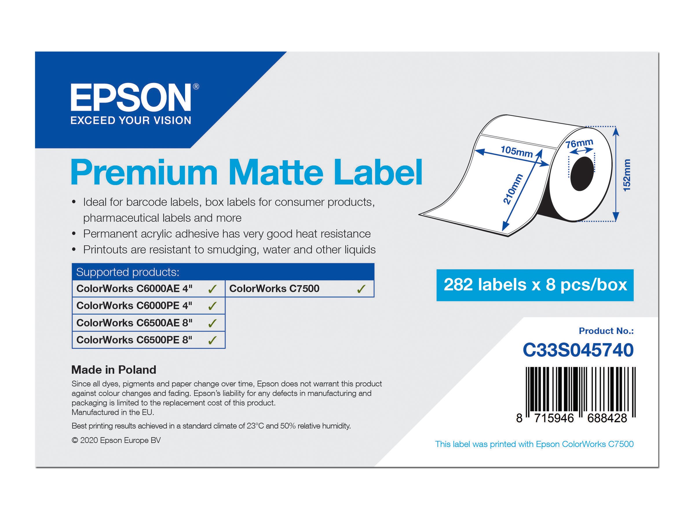 Etiketten, Epson, Normalpapier, Premium Matte Label, B: 105 mm, H: 210 mm, D: 152 mm, K: 76 mm
