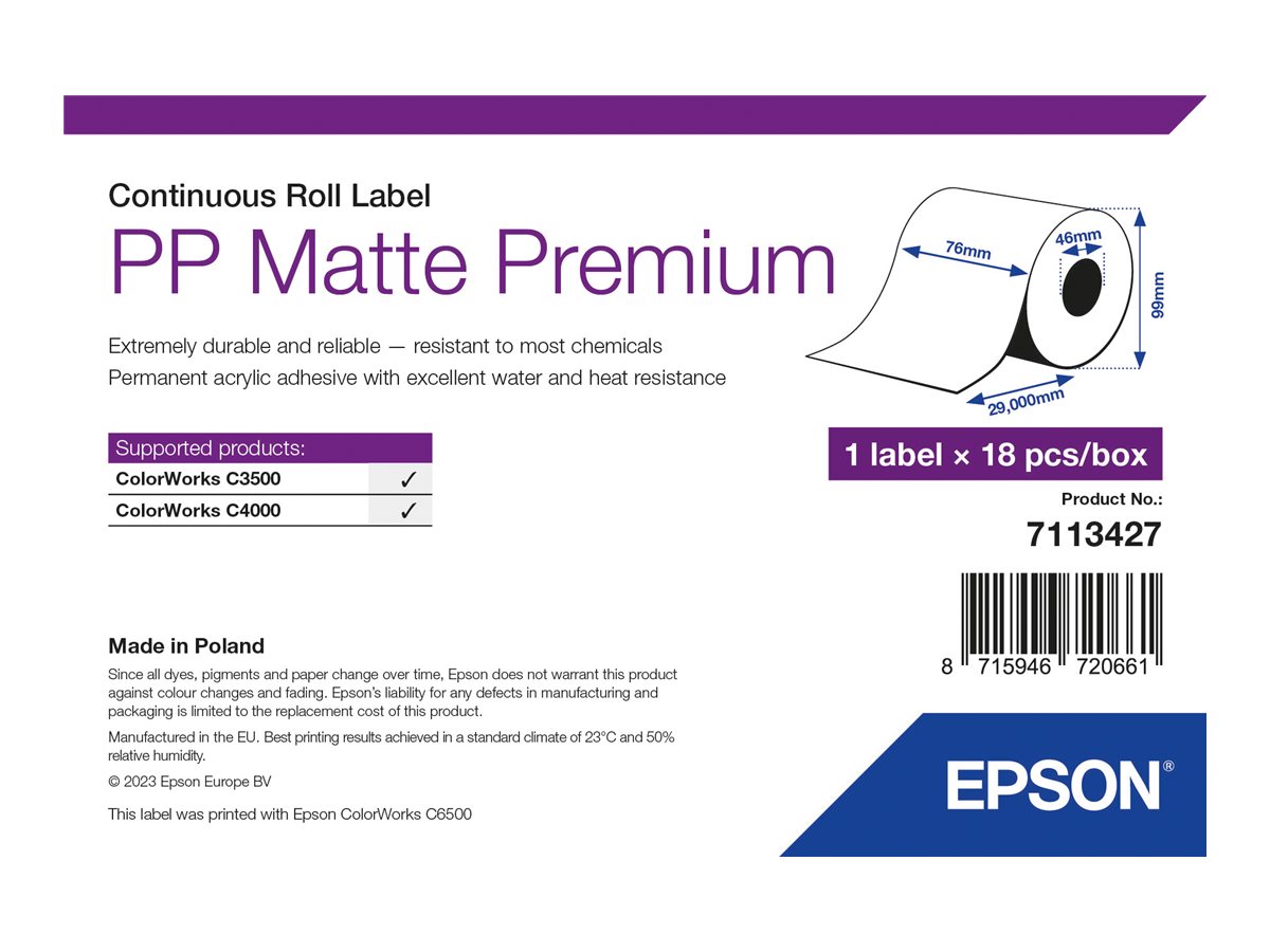 Epson Premium - Polypropylene (PP) - Matte - Permanent acrylic adhesive - Roll (7.6 cm x 29 m)