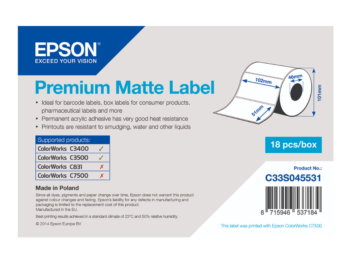 Etiketten, Epson, Normalpapier, Premium Matte Label, B: 102 mm, H: 51 mm, D: 100 mm, K: 40 mm