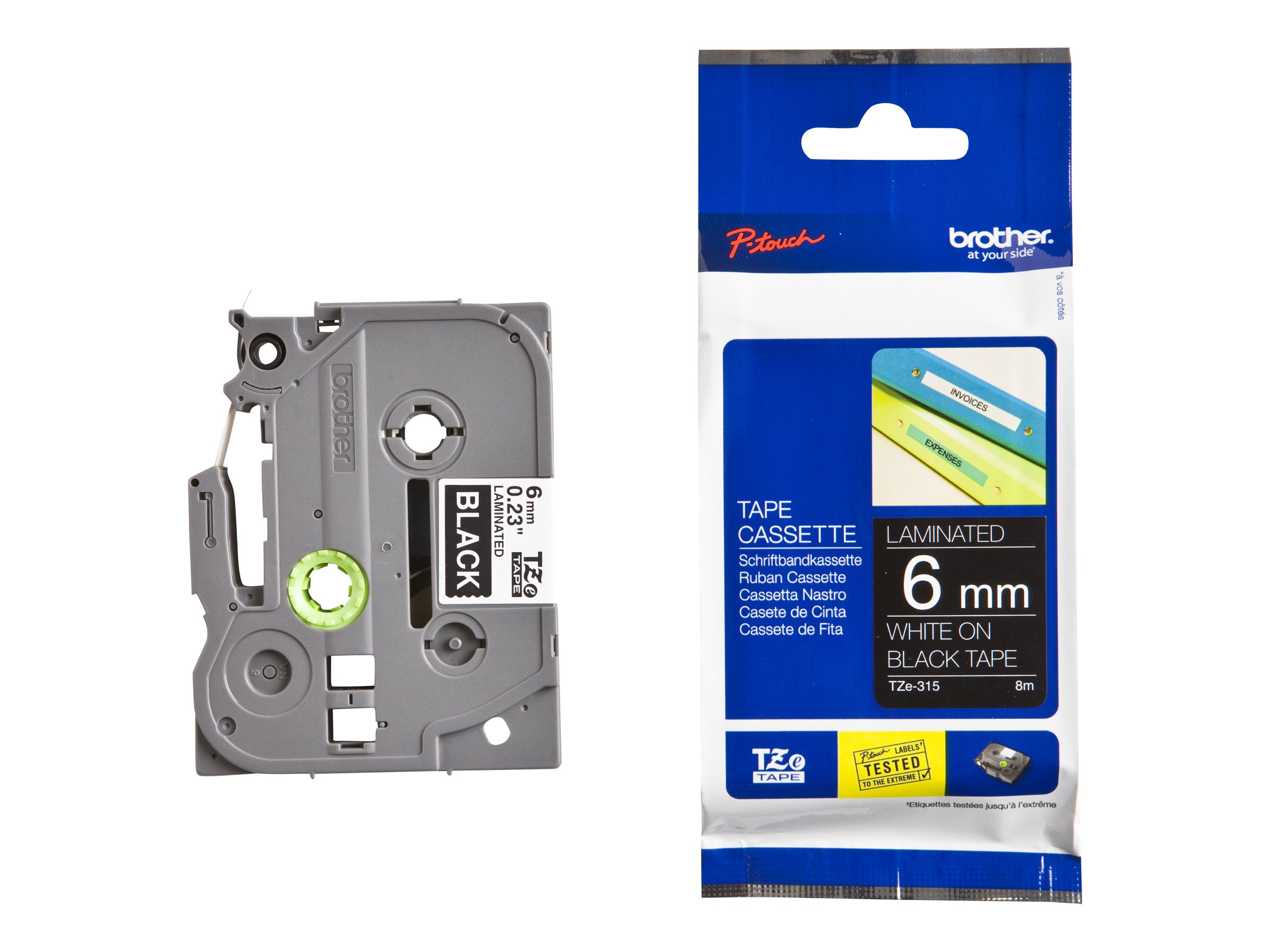 Brother TZe-315 - Standard-Klebstoff - Weiß auf Schwarz - Rolle (0,6 cm x 8 m)