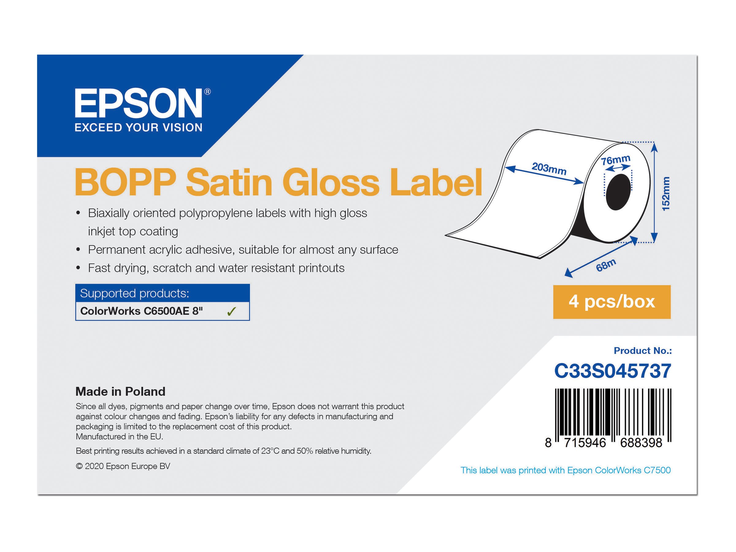 Etiketten, Epson, Kunststoff, BOPP Satin Gloss Label, B: 203 mm, H: 68000 mm, D: 152 mm, K: 76 mm