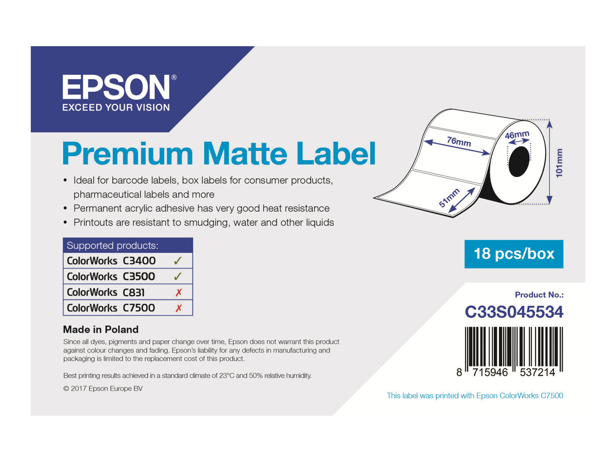 Etiketten, Epson, Normalpapier, Premium Matte Label, B: 76 mm, H: 51 mm, D: 100 mm, K: 40 mm