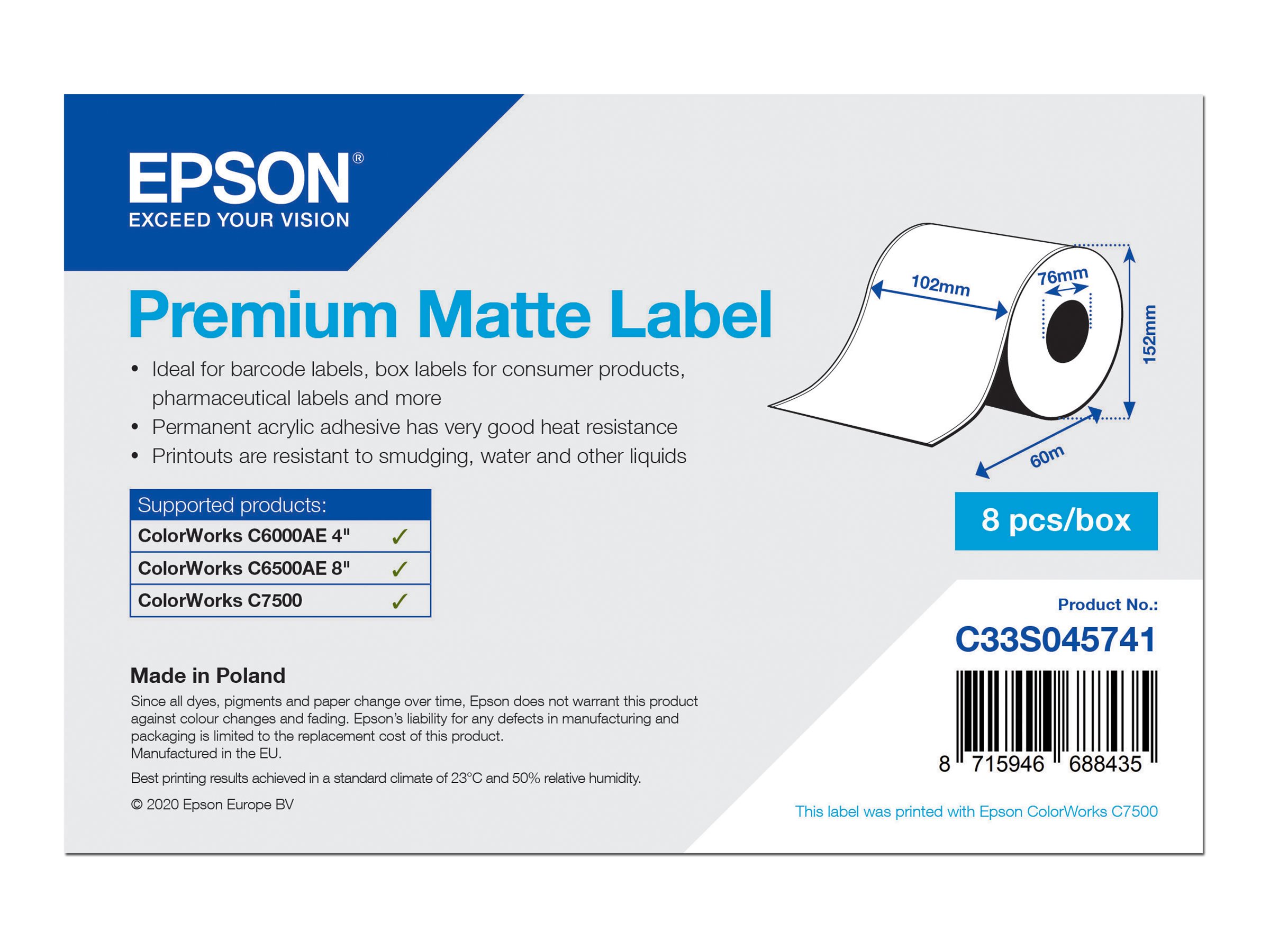Etiketten, Epson, Normalpapier, Premium Matte Label, B: 102 mm, H: 60000 mm, D: 152 mm, K: 76 mm