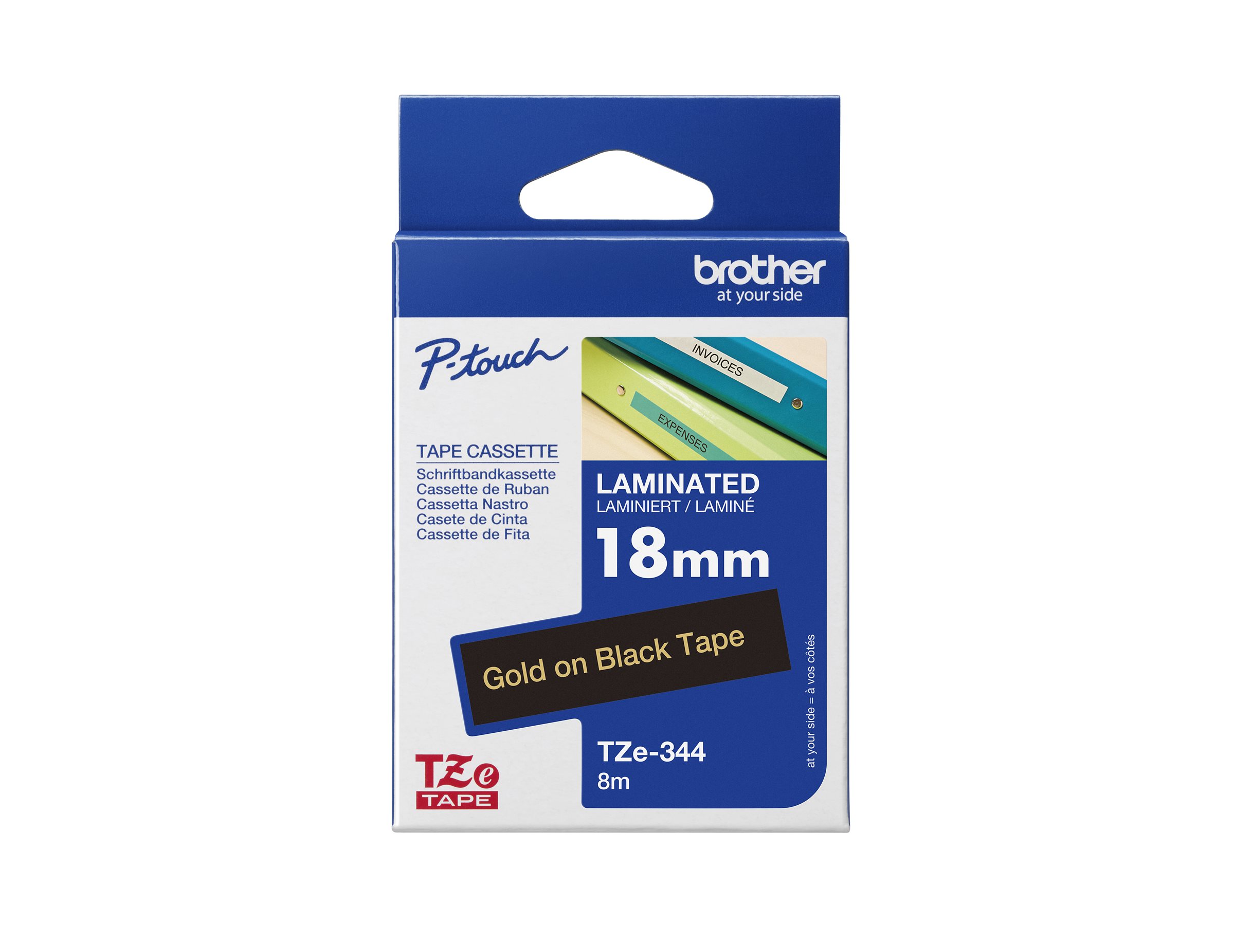 Brother TZe-344 - Standard-Klebstoff - gold auf schwarz - Rolle (1,8 cm x 8 m)