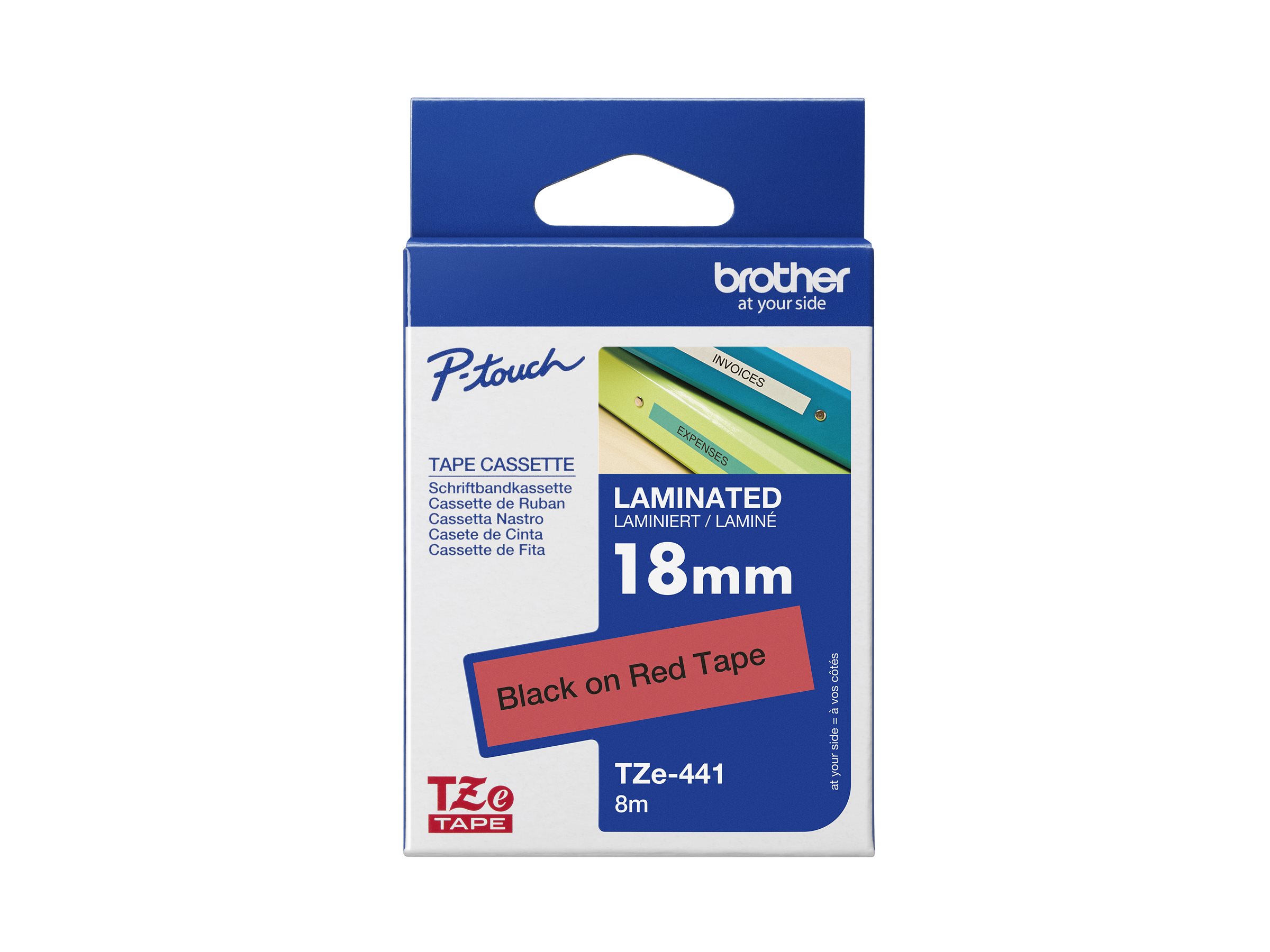 Brother TZe-441 - Standard-Klebstoff - schwarz auf rot - Rolle (1,8 cm x 8 m)