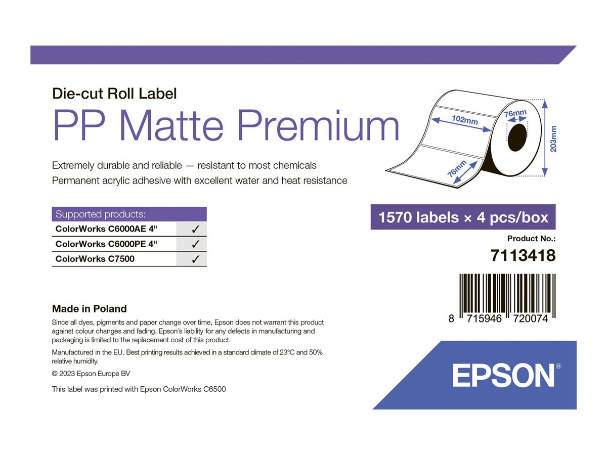 Epson Premium - Polypropylen (PP) - matt - permanenter Acrylklebstoff - 102 x 76 mm 6280 Etikett(en) (4 Rolle(n)