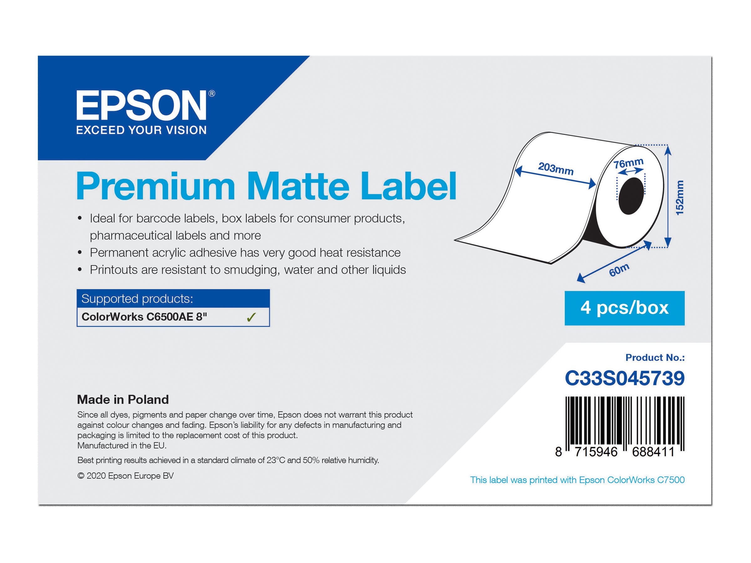 Etiketten, Epson, Normalpapier, Premium Matte Label, B: 203 mm, H: 60000 mm, D: 152 mm, K: 76 mm