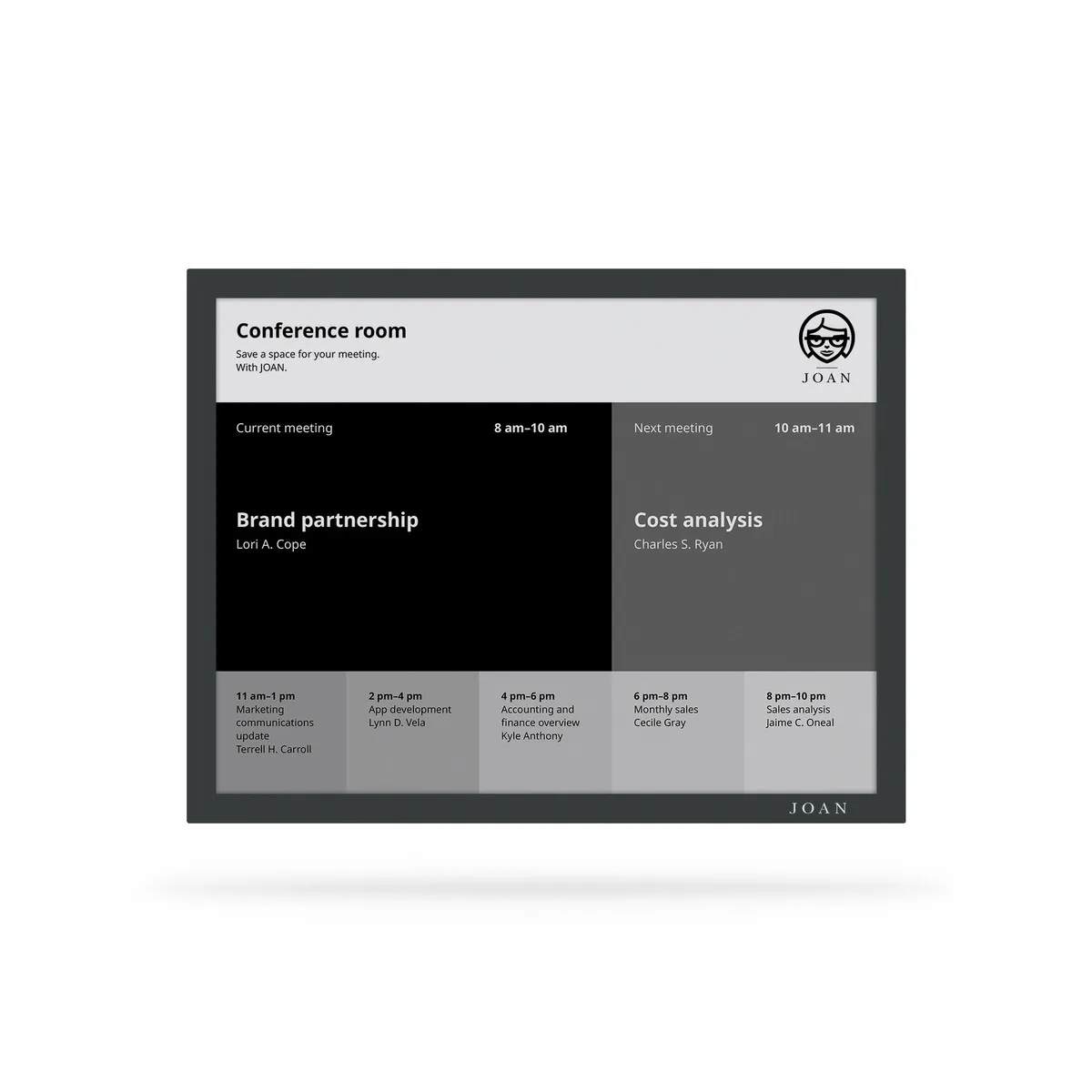 JOAN 13 Pro Raumbuchungsdisplay, 13″ E-Ink, kabellos, schwarzer Rahmen, mit magnetischer Halterung JOAN 13 Pro Raumbuchungsdisplay, 13″ E-Ink, kabellos, schwarzer Rahmen, mit magnetischer Halterung