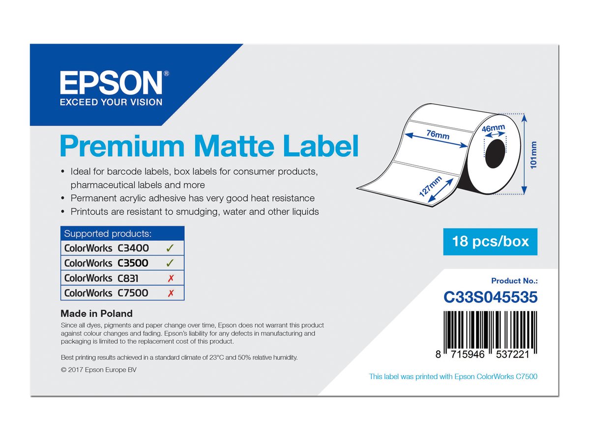 Etiketten, Epson, Normalpapier, Premium Matte Label, B: 76 mm, H: 127 mm, D: 100 mm, K: 40 mm