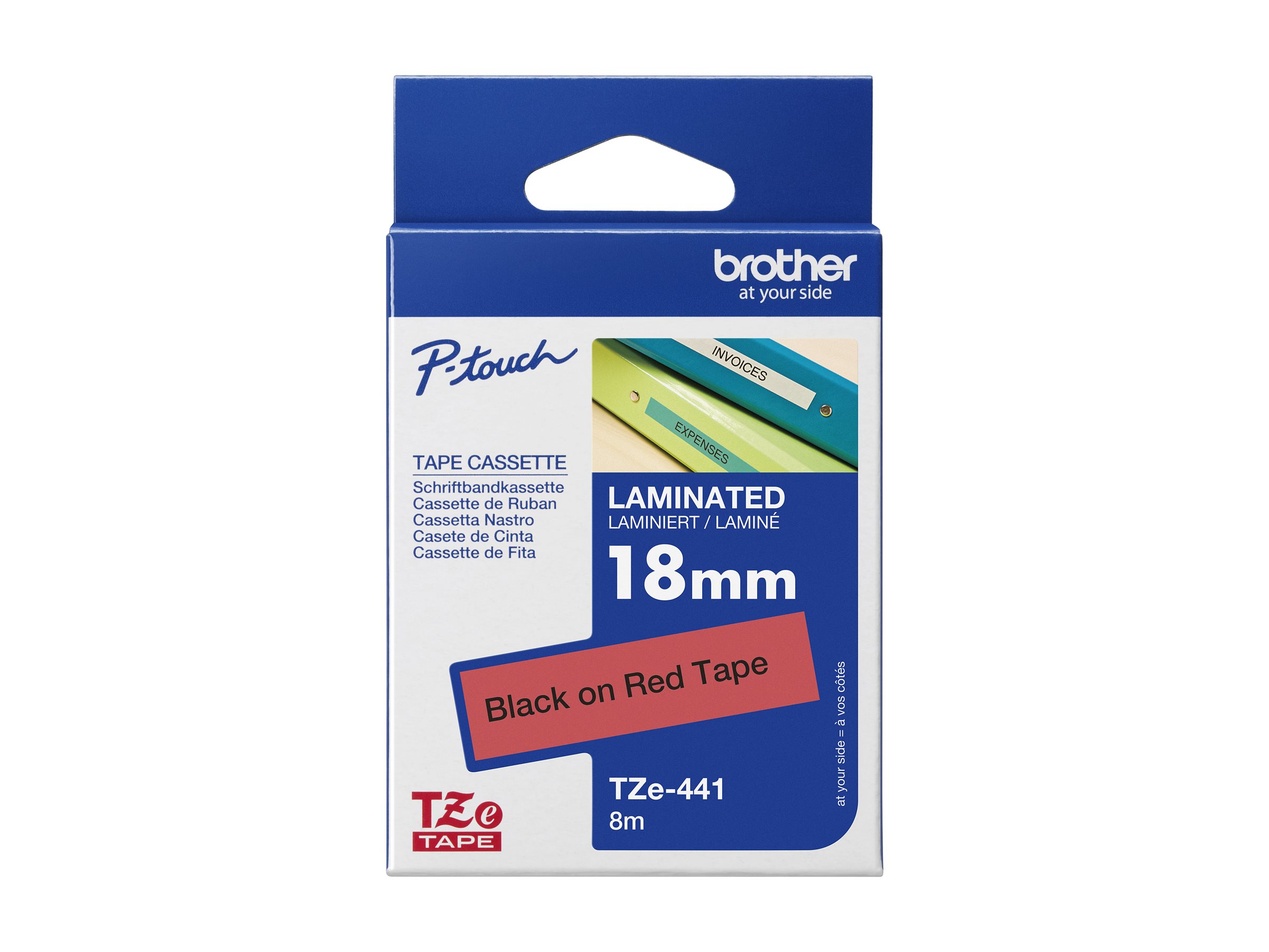 Brother TZe-441 - Standard-Klebstoff - schwarz auf rot - Rolle (1,8 cm x 8 m)