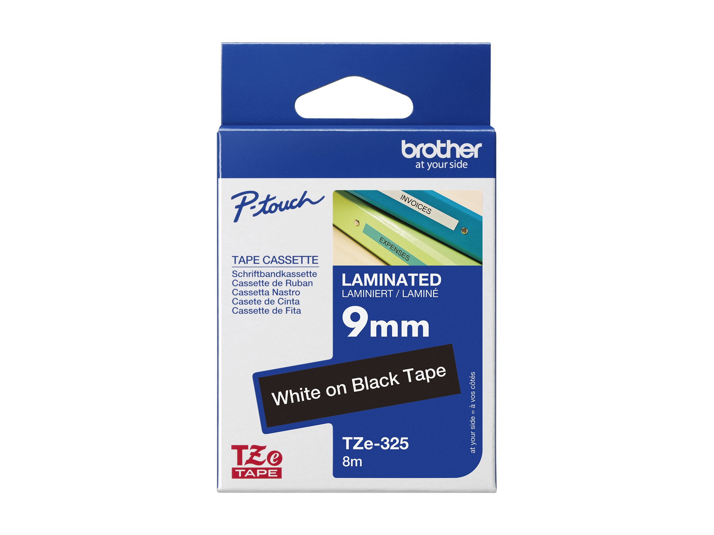 Brother TZe-325 - Standard-Klebstoff - Weiß auf Schwarz - Rolle (0,9 cm x 8 m)