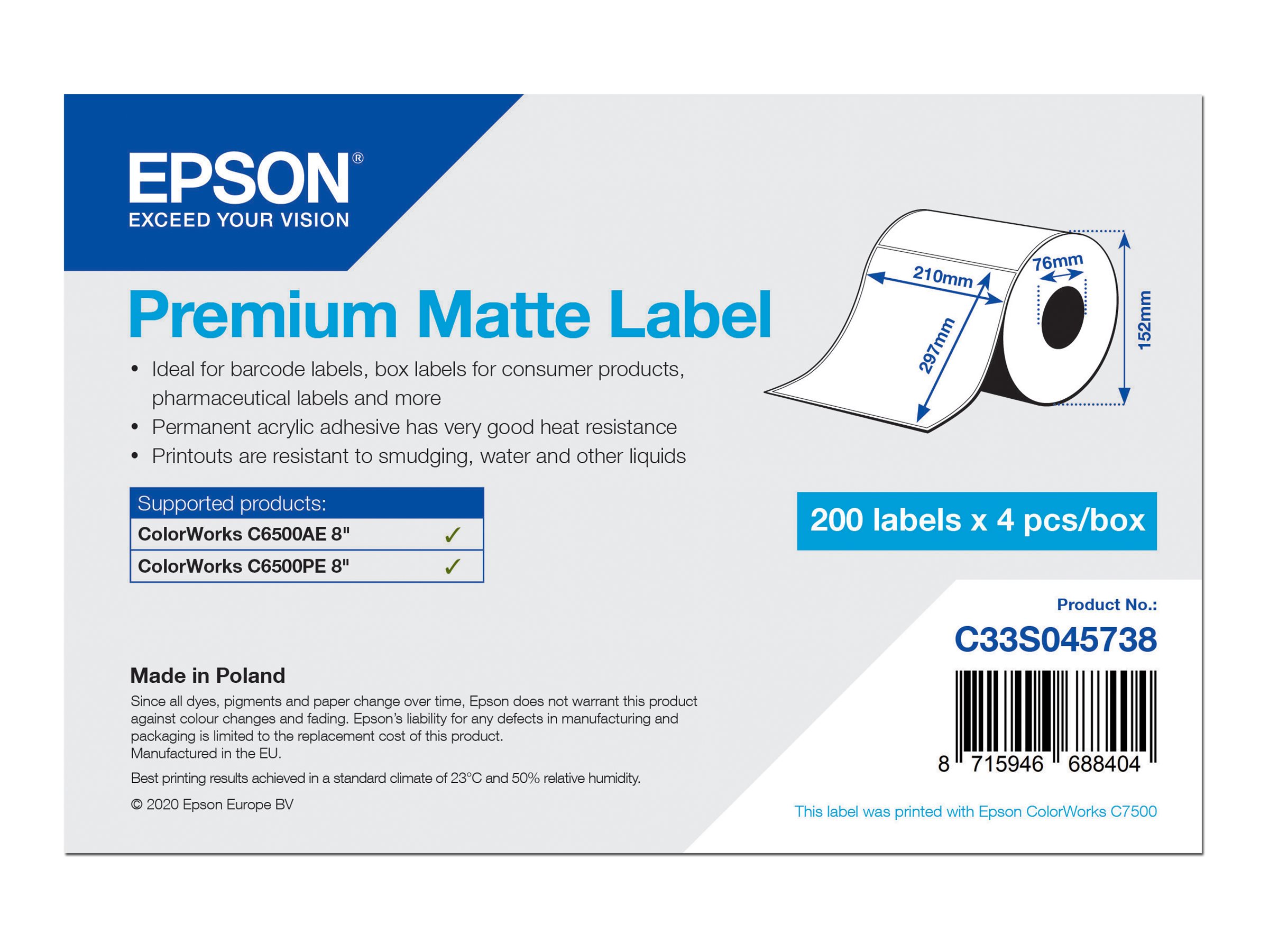 Etiketten, Epson, Normalpapier, Premium Matte Label, B: 210 mm, H: 297 mm, D: 152 mm, K: 76 mm